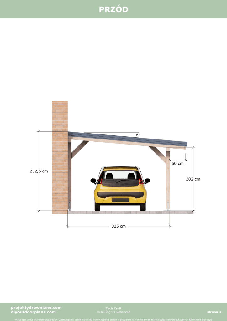 Carport wiata garażowa drewniana zadaszenie 4x3,25m przód