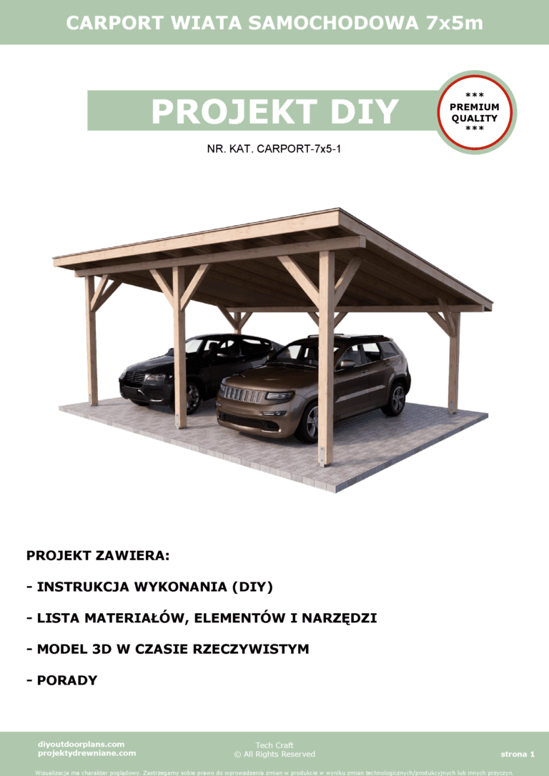 Carport wiata garażowa drewniana zadaszenie 7×5 wolnostojąca PROJEKT DIY