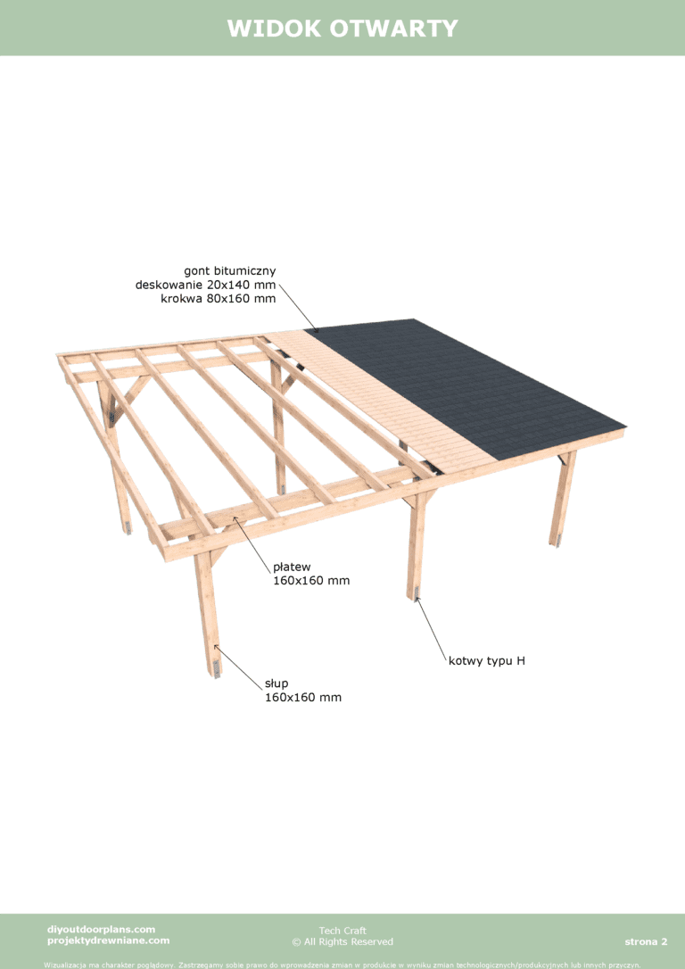 Carport wiata garażowa drewniana zadaszenie 7×5 wolnostojąca widok otwarty