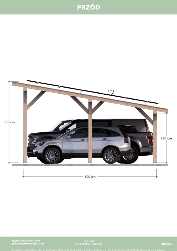 Carport Wiata garażowa drewniana pod fotowoltaikę 12x6m przód